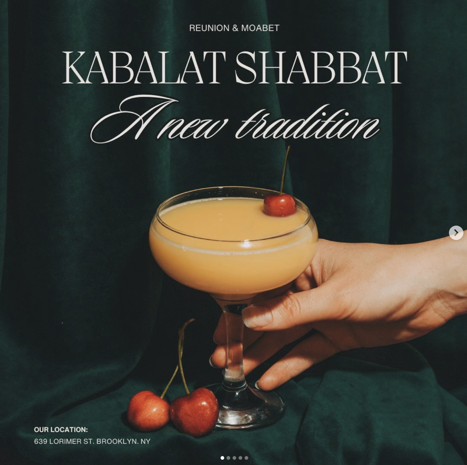 Kabalat Shabbat campaign piece on green velvet with the line A new tradition