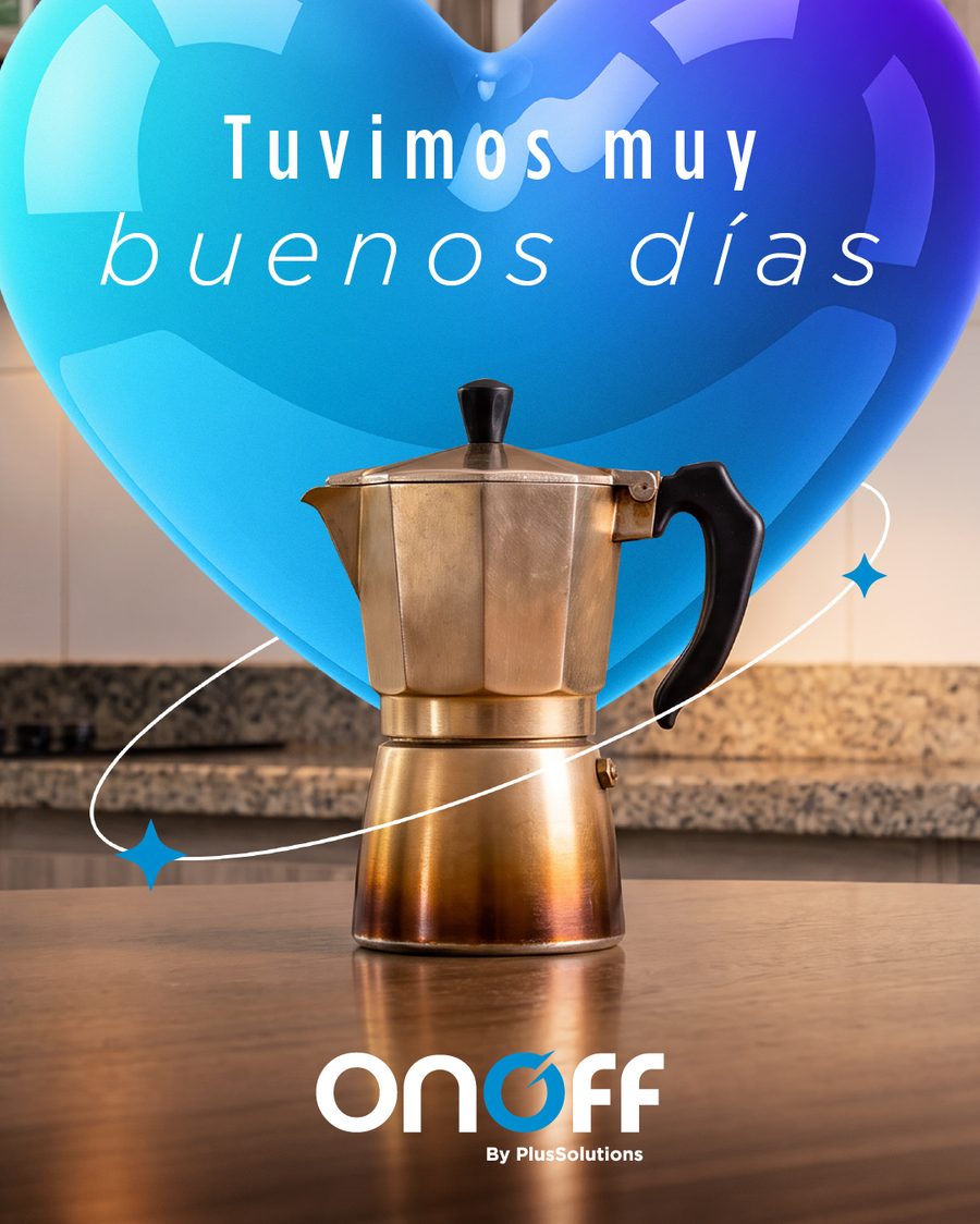 Old stovetop moka pot under a big blue heart, with the line Tuvimos muy buenos días