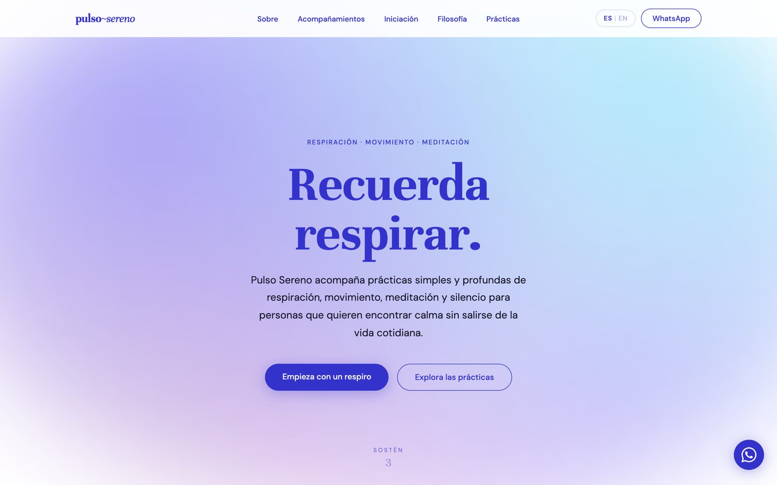 Pulso Sereno website home: the pulso sereno wordmark, the headline Recuerda respirar over a soft blue and violet field, and a breathing counter